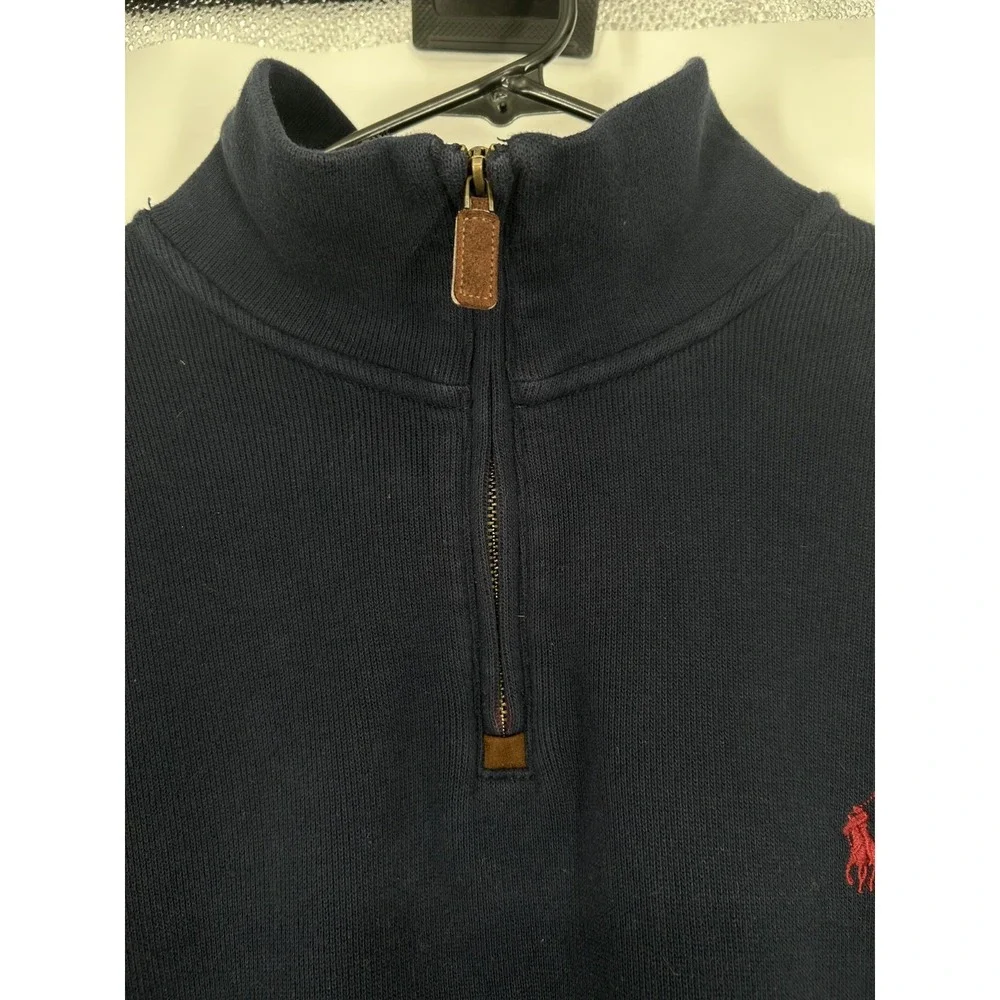 Polo Ralph Lauren Sweater Navy Knit Quarter 1/4 Zip Pullover Leather Tab Mens XL